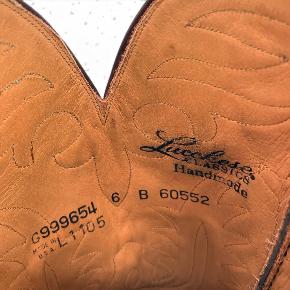 Vintage Lucchese Classics Western Boot Cowboy Green Overlay Brown Leather Size 6 - Picture 14 of 15